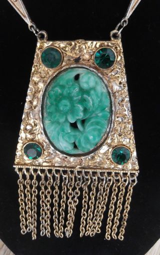 Vintage Chinese Carved Floral Green Jade Stone Pendant Chain Necklace