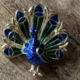 Vintage Crown Trifari Rhinestone & Enamel Peacock Brooch,  Green,  Blue,  Gold Tone