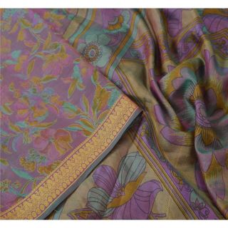 Sanskriti Vintage Purple Saree Pure Silk Printed Sari Craft Decor 5 Yd Fabric