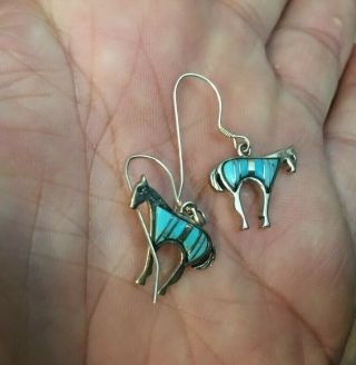 Vintage Sterling Silver And Turquoise Channel Inlay Horse Earrings