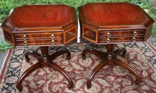 1920s English Regency Mahogany Red Leather Top Side Tables / End Tables