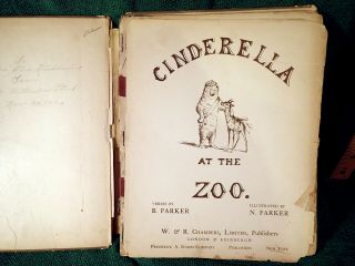 RARE c 1900 BOOK - CINDERELLA AT THE ZOO by PARKER - COLOR ANIMAL CHROMOLITHOS 3