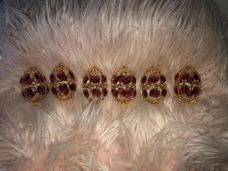 Rare 6 Faberge Open Work Red Gold Swarovski Crystal Eggs Ornaments 2.  5 " Vintage