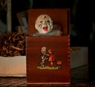 Antique 1949 Western Germany Paper Mache Clown Jack In The Box Wood Cloth