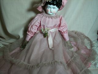 Large Antique China Shoulder Head Doll Cloth Body Beautifully Dressed 24 "