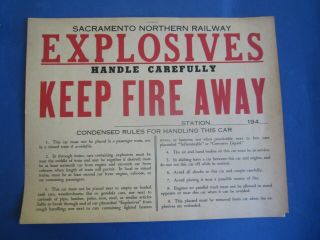 Old Vintage 1940 Sacramento Northern Railway - Explosives - Cardboard Train Sign