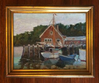 Antique F.  H.  Bray Harbor Oil Painting Signed Maritime Pier & Boats