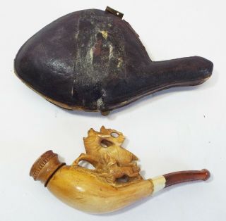 Old Antique Elk & Dog Carved Meerschaum Estate Pipe W/ Leather Case Hunting