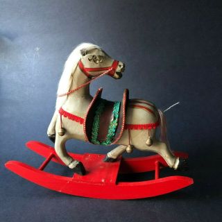 Vintage Christmas Wooden Rocking Horse/ Wood Leather Toy Horse/ Palamino Pony
