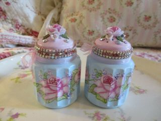 Shabby Chic Hand Painted Roses - Set Of Two Vintage Glass Jeweled Shakers