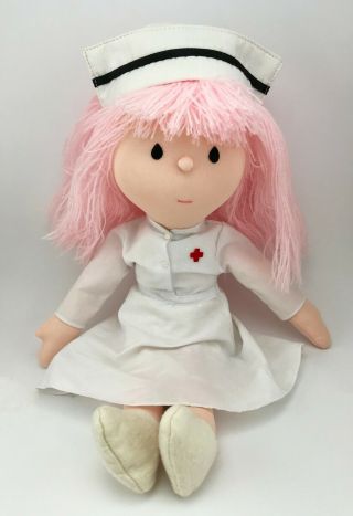 Russ Berrie Vintage Nurse Plush Doll Pink Yarn Hair Uniform,  Hat 15 " Euc