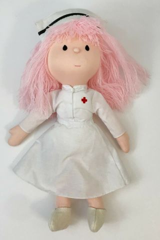 Russ Berrie Vintage Nurse Plush Doll Pink Yarn Hair Uniform,  Hat 15 