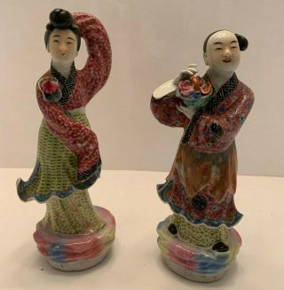 Pair Chinese Antique Porcelain Statues Figurines Immortals In Cloud