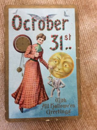 Vintage Halloween Postcard Germany Oct.  31 Antique Man In Moon Very Rare