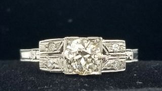 14k White Gold Vintage Antique Old Mine Cut 0.  64ct Diamond Ring Si1