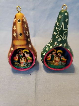 2 Vintage Gourd Hand Carved Nativity Scene Christmas Ornaments Made In Peru