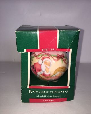 Vintage Hallmark Baby’s First Christmas Girl 1989 Unbreakable Satin Ornament
