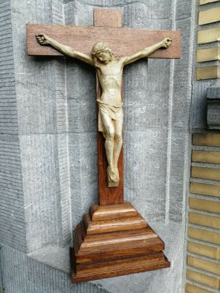 Huge Antique Monastery Altar Standing Wood Cross Crucifix Plaster Jesus Corpus 2