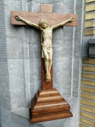 Huge Antique Monastery Altar Standing Wood Cross Crucifix Plaster Jesus Corpus 3