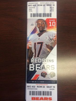 Chicago Bears Vs Washington Redskins Ticket Stub 12/24/2016 At Soldier Field
