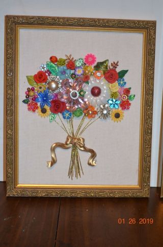 Flower Bouquet Art Made From Vintage Jewelry Framed 9 X 11 " Pic 1