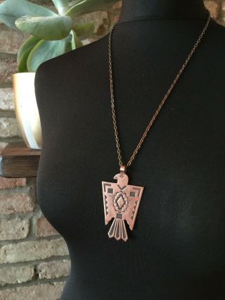 Vintage 70s Solid Copper Navajo Native American Thunderbird Necklace Pendant