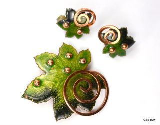 Matisse Renoir Vintage Copper & Green Enamel Maple Leaf Clip Earrings & Brooch