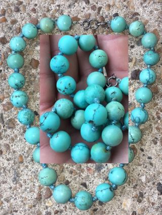 Antique Chinese Tibetan Buddhist Natural Turquoise Beads Necklace Sterling Clasp