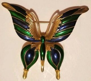 Vintage Crown Trifari Gold Tone Green Blue Enamel Butterfly Brooch Pin Signed