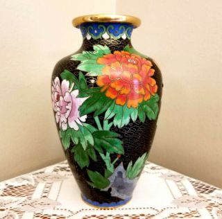 Vintage Chinese Cloisonné Vase Black With Chrysanthemum Cherry Blossoms