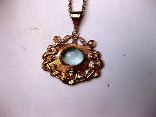 Antique 14k Yellow Gold Pendant:natural Aquamarine&diamonds,  Art Nouveau