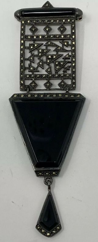 Vintage Sterling Silver Antique Art Deco Onyx Marcasite Brooch Lapel Pin