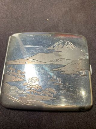 Japanese Sterling Silver Card Cigarette Case Mt Fuji Scene Signed 3x3.  25” 81gram