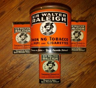 Sir Walter Raleigh 4 Item Lot; 2 Empty Metal Tins & 2 Cardboard W/ Tobacco