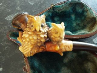 Antique Small Meerschaum Smoking Pipe In Case Two Small Owls 4 "