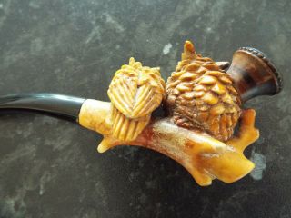 Antique Small Meerschaum Smoking Pipe in Case Two Small Owls 4 