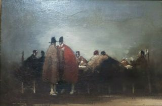 Antique 19th Cent.  European Oil On Board Painting - Mysterious Secret Gathering