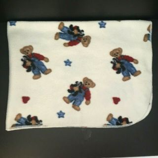 Vtg Springmaid Blue Jean Teddy Bear Cotton Baby Receiving Blanket Flaw