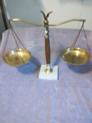 Vintage Marble Base Brass And Wood Decrative Balance Scale With Chains And Pans