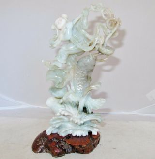 8.  3 " Vintage Chinese Hand Carved White & Green Jadeite Jade Boy With Koi Fish
