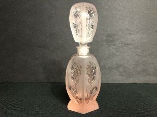 Vintage Glass Perfume Bottle Pink With Roses And Floral Etched Signed On Bottom