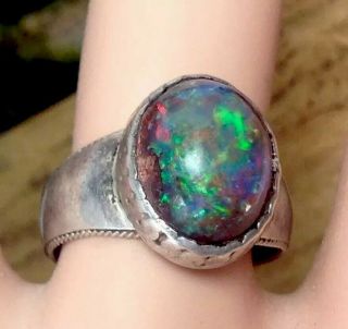 Vintage Size 6.  5 Hand Crafted Sterling Silver Black Opal Gemstone Ring (e7)