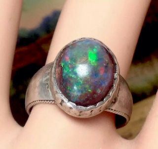 VINTAGE SIZE 6.  5 HAND CRAFTED STERLING SILVER BLACK OPAL GEMSTONE RING (E7) 2