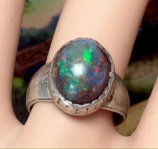VINTAGE SIZE 6.  5 HAND CRAFTED STERLING SILVER BLACK OPAL GEMSTONE RING (E7) 3