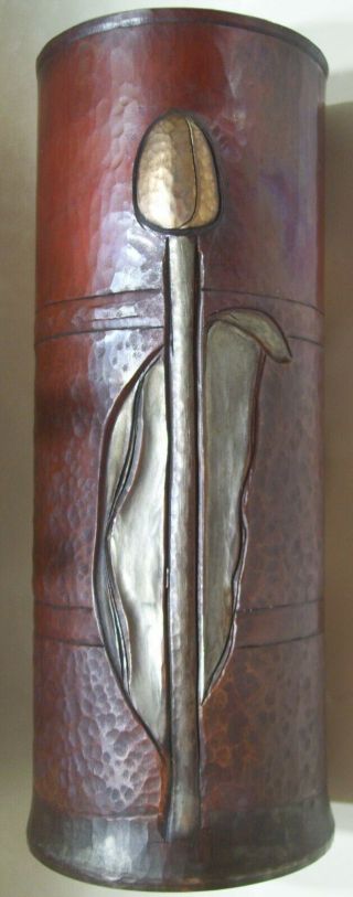 Arts And Crafts Hand Hammered Copper Vase With Silver And Gold By Rb Reitz