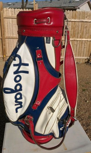 Vintage Ben Hogan 6 - Way Red/white/blue Leather Golf Bag Made In Usa