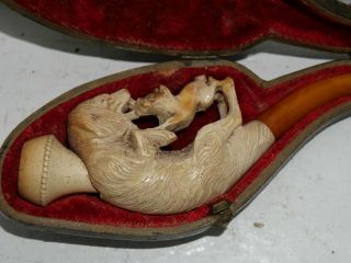 Very Old Boxed Carved Meerschaum Dog Fighting Tobacco Pipe With Amber Mouthpiece