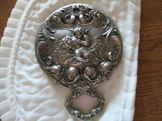 Antique Art Nouveau Sterling Silver Hand Mirror Mother & Cherub