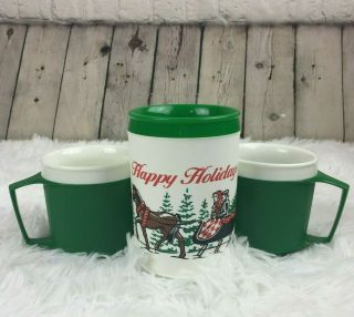 Vintage Aladdin Insulated Thermal Travel Mugs Cups 12 Oz 8 Oz Green Christmas