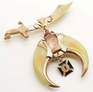 Antique 14k Gold Masonic Shriners Past Potentate Jewel Enamel Pin Brooch Sword
